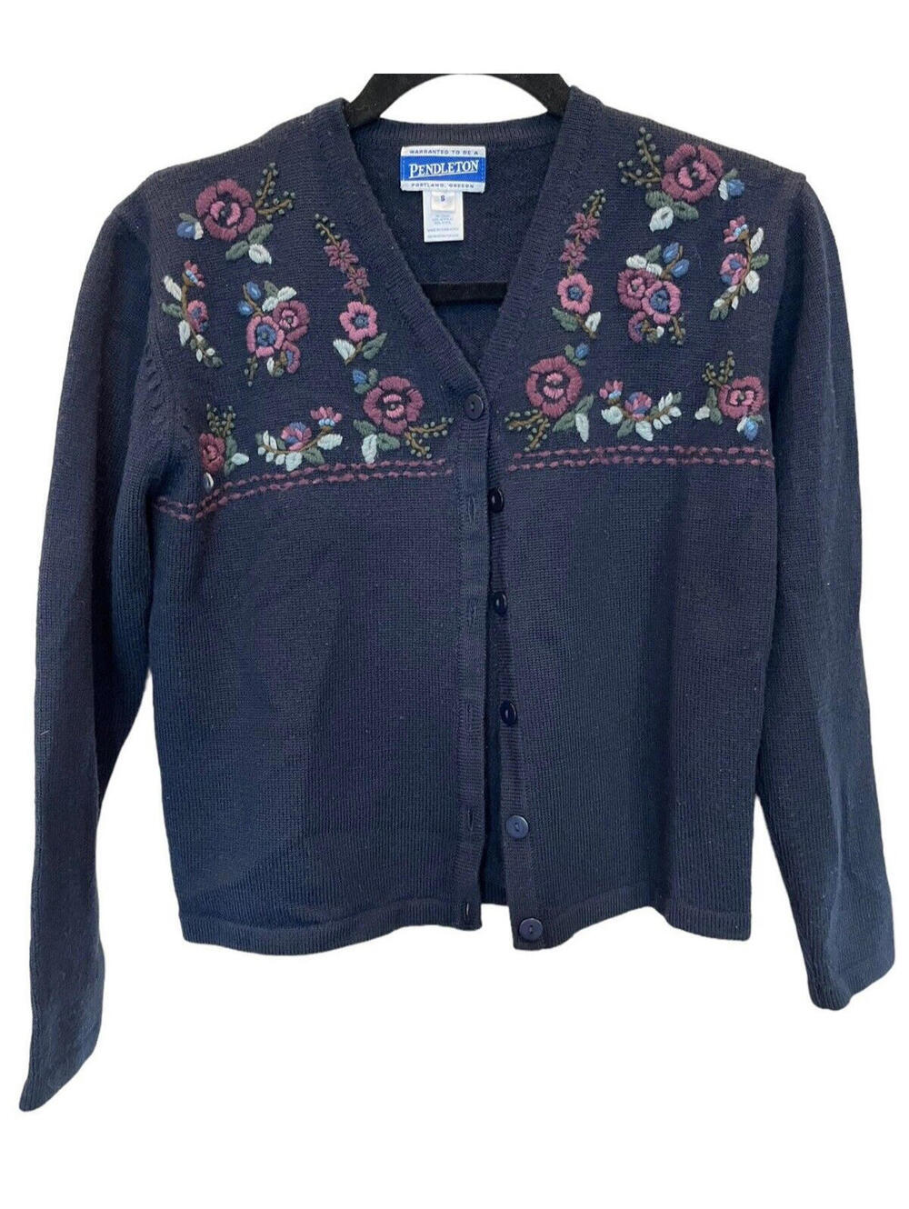 Pendleton Cardigan Sweater Womens Small Dark Blue Embroidered Flowers